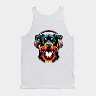 Smiling Rottweiler DJ Radiates Joy in Japanese Art Tank Top